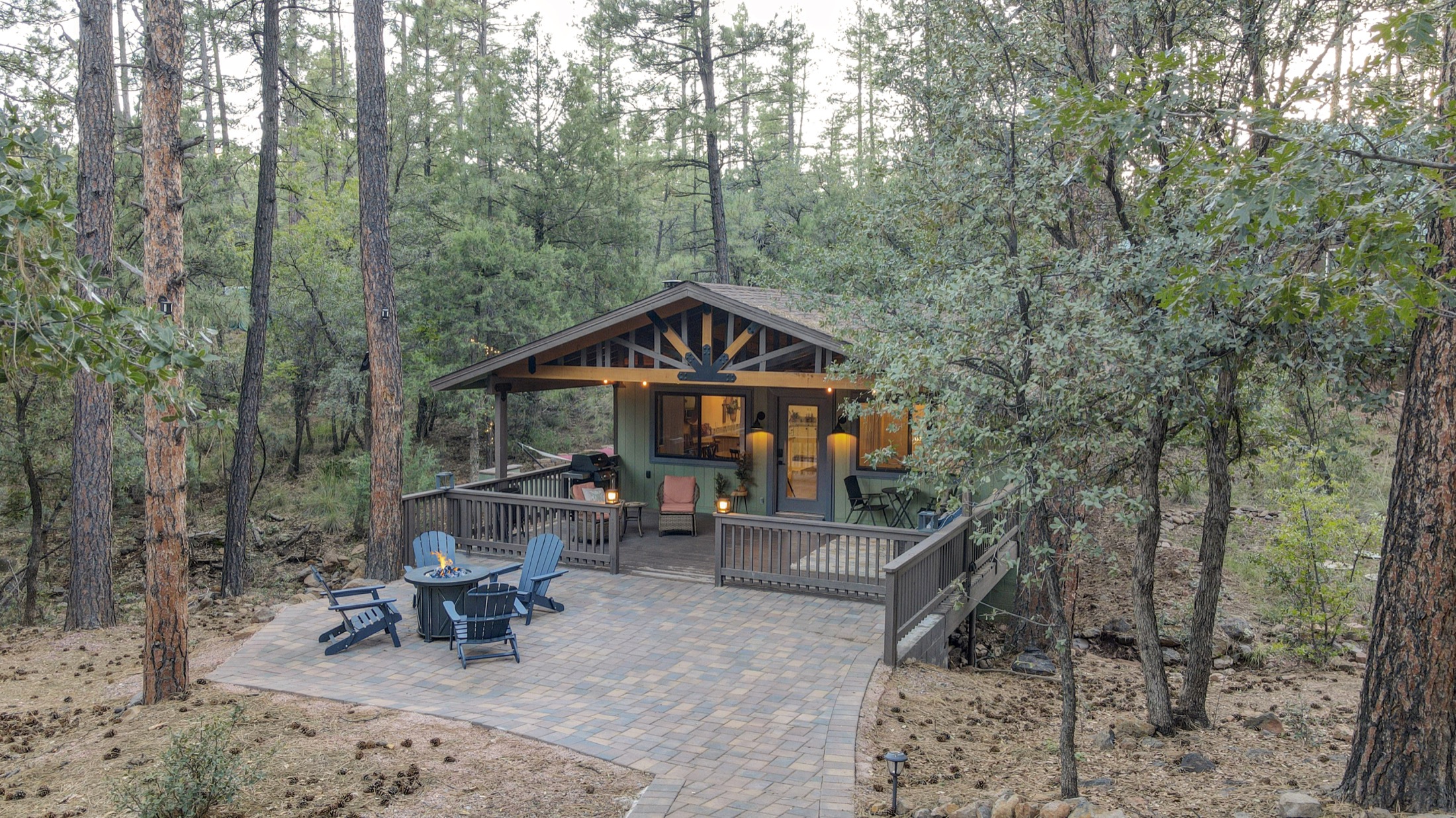 Aerial view of Serenity Pines Hideaway tucked into the trees