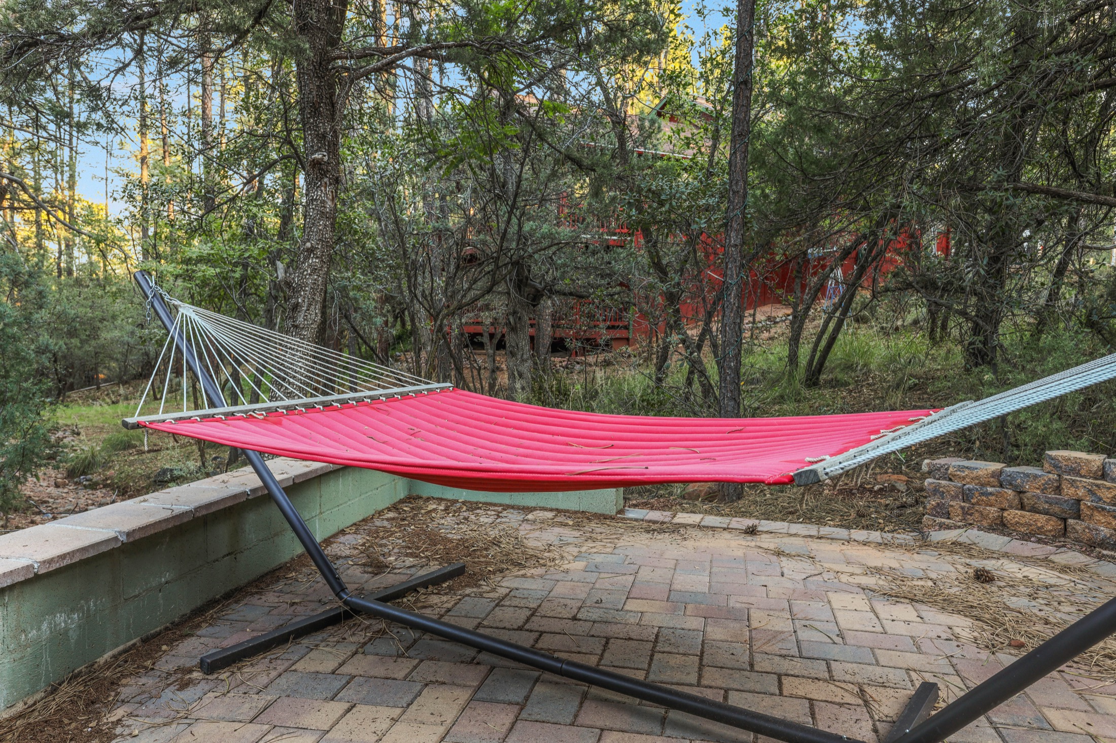 Hammock tucked into the trees beside the cabin